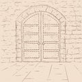 Old castle doors. Hand drawn sketch on beige background Royalty Free Stock Photo