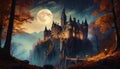 Old castle on the hill on a full moon night Royalty Free Stock Photo