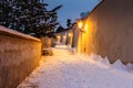 Old Castle Stairs at night, Prague, Czech Republic.Beautiful spectacular winter panorama of Vltava river and historical buildings. Royalty Free Stock Photo