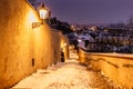 Old Castle Stairs at night, Prague, Czech Republic.Beautiful spectacular winter panorama of Vltava river and historical buildings. Royalty Free Stock Photo