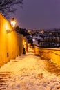 Old Castle Stairs at night, Prague, Czech Republic.Beautiful spectacular winter panorama of Vltava river and historical buildings. Royalty Free Stock Photo