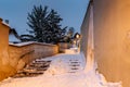 Old Castle Stairs at night, Prague, Czech Republic.Beautiful spectacular winter panorama of Vltava river and historical buildings. Royalty Free Stock Photo
