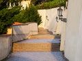 Old Castle Stairs on Prague Castle. Medieval stairway with vintage lamps, Prague, Czech Republic Royalty Free Stock Photo