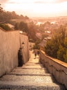 Old Castle Stairs on Prague Castle. Medieval stairway with vintage lamps, Prague, Czech Republic Royalty Free Stock Photo