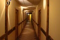 Corridor in the old castle style with a wooden door in the evening