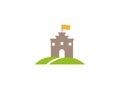 Old Castle Tower in a green plateau with a flag on the top and road to big door and windows for logo design