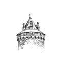 Old castle tower. Hand drawn architectural fragment. Sketches of ancient towers. Royalty Free Stock Photo