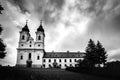 Perfect landscape in black and white, old church and trees around Royalty Free Stock Photo