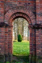 Old Catholic Church red brick gates in city Akniste, Latvia. Closeup Royalty Free Stock Photo