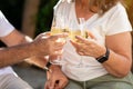 Old caucasian husband and wife cheers glasses of wine, champagne at picnic in home garden