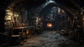 Old cellar or vintage house room, medieval workshop interior. Inside dark stone storage with fireplace. Concept of home,