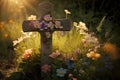 Old cemetery with colorful flowers at sunset. Halloween background. Generative AI illustration