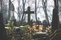 Old cemetery with grave stones and crosses in spring Royalty Free Stock Photo