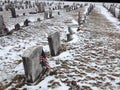 Old cemetery gravestones with snow