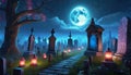 old cemetery at night under full moon