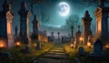 old cemetery at night under full moon