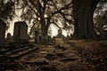 old cemetery ruins in the woods. large old oak trees. sepia old vintage retro graveyard. melancholic spooky vibe.