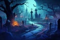 Old cemetery scene with Halloween pumpkin and ancient gravestones along a path to a mysterious crypt. Generative AI