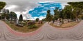 Old cemetery in summer. Graveyard with green trees Tombs in the forest with grass. 3D spherical panorama with 360 degree viewing a