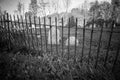 Old cemetery and tombstones in rural town, black and white Royalty Free Stock Photo