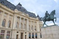 Old Central University Library and statue of king Carol I of Romania. In Bucharest, capital city of Romania. Royalty Free Stock Photo