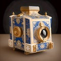 Old ceramic photo camera.Imperial camera covered with gold