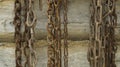 Old chains hang on a wooden log wall