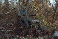 An old chair, abandoned and weathered, sits amidst the trees and undergrowth in the heart of the dense forest, An abstract Royalty Free Stock Photo