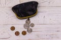 Old change purse with several coins on white wooden background. Concept of poverty or bankruptcy Royalty Free Stock Photo