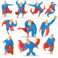 Old charismatic hipster Superhero in different poses. Superhero in action. illustration.