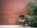 Old cheap rusty chair with plant by grunge brown wall. Royalty Free Stock Photo