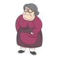 Old cheerful grey-haired obese senior woman, standing and smiling. Original hand drawn illustration