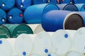 Old chemical barrels. Stack of methanol or methyl alcohol drum. Steel chemical tank. Toxic waste. Plastic and steel chemical