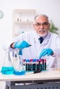 Old chemist holding snake at the science laboratory Royalty Free Stock Photo