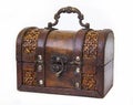 An old chest made of wood and leather with an iron handle and lock Royalty Free Stock Photo
