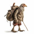 Old Chicken Walking With Hobo Stick And Sack