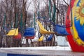 Russia. Penza. Empty seats on an old children`s carousel in the Park Royalty Free Stock Photo