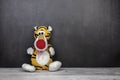 old children's soft toy tiger cub, sad toy tiger is waiting to be played with