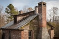 old chimney, with the rustic charm of exposed brick and weathered siding, on modern metal roof Royalty Free Stock Photo