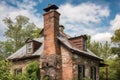 old chimney, with the rustic charm of exposed brick and weathered siding, on modern metal roof Royalty Free Stock Photo