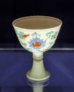 Old China Ming Dynasty Chenghua Ceramic Antique Porcelain Blue-and-white Doucai Stem Cup Lotus Scrolls Design Porcelana Azul