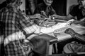 Old Chinese people playing Mah-jong chinese card games in film l