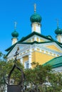 Russia, Uglich, July 2020. Fragment of the architectural design of the Orthodox Church with domes and crosses.