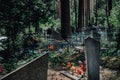 Old christian cemetery with tombstones and crosses in a forest in europe former soviet union Royalty Free Stock Photo
