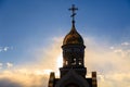 Old Christian church in Kemerovo with golden and gilded domes, b Royalty Free Stock Photo