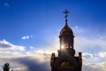 Old Christian church in Kemerovo with golden and gilded domes, b Royalty Free Stock Photo