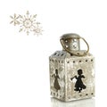 Old Christmas lantern with angels, stars ornaments on white background. Snowflakes Royalty Free Stock Photo