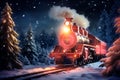 Old christmas steam locomotive driving at night through a dreamlike snowy landscape at christmas time