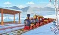 Old christmas train with railway station in the village in winter.Vector cartoon illustration Royalty Free Stock Photo