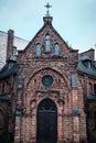 Old church building front facade, gothic architecture